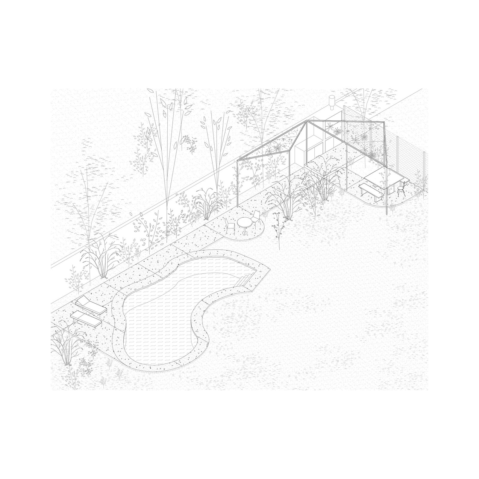 Planta de área externa com piscina e estufa — projeto Jardines Catamarca, por Estudio YME, em B1636 Olivos